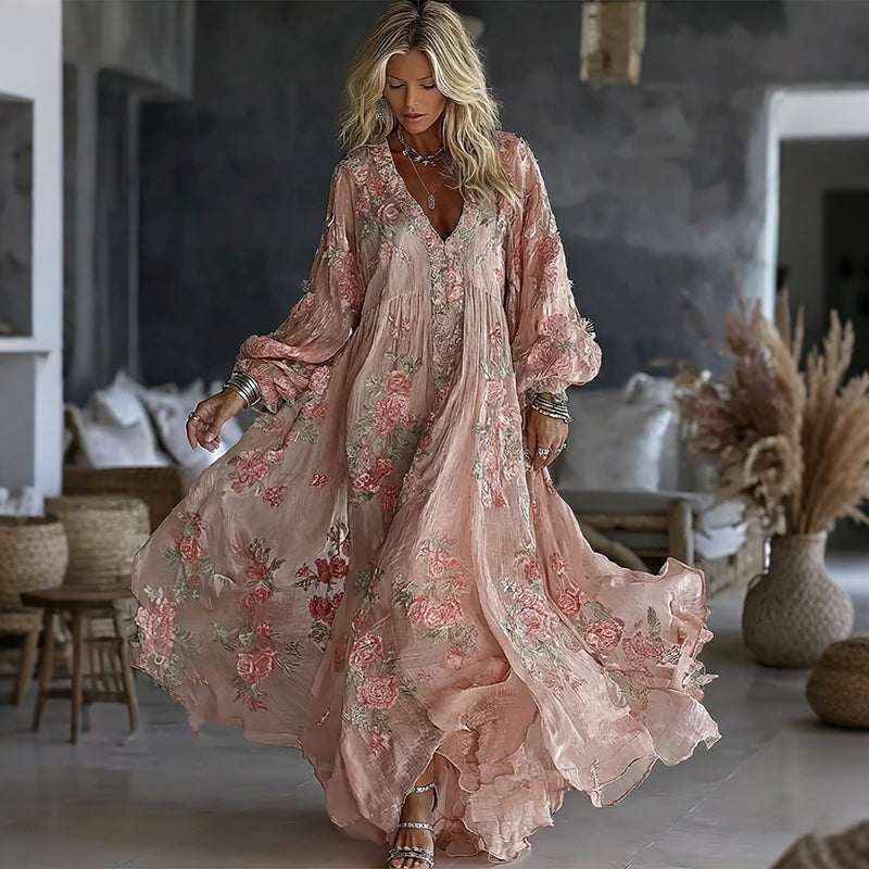 Women's Vintage Floral Art Flowy Linen Blend Casual V Neck Long Sleeve Maxi Dress elevenforest
