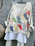 Comstylish Japanese Colorful Carp Streamer Embroidered Linen Blend Tunic