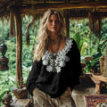 Retro Bohemian Resort Lace Pattern Art Embroidery Cotton And Linen Blend Loose Blouse elevenforest