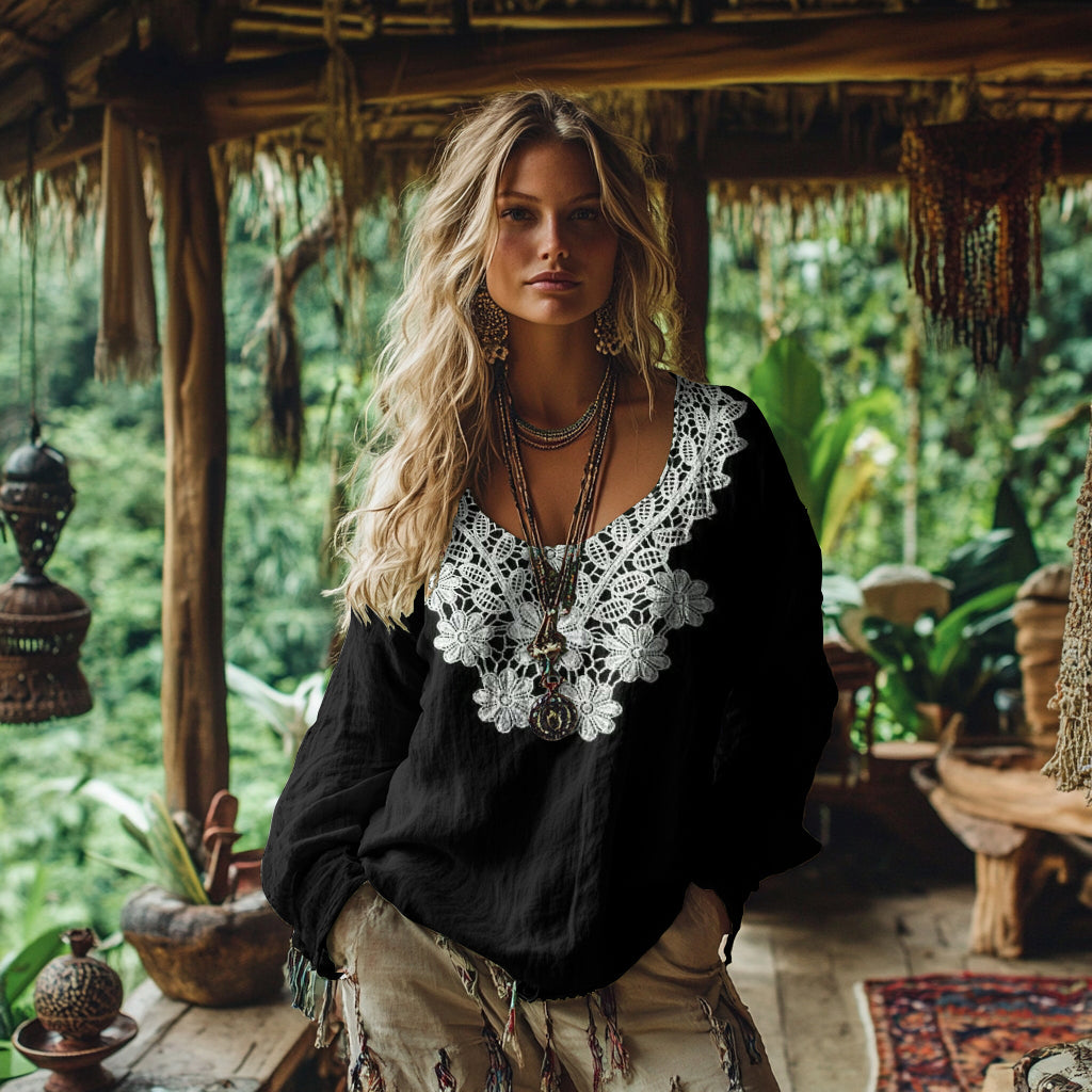 Retro Bohemian Resort Lace Pattern Art Embroidery Cotton And Linen Blend Loose Blouse elevenforest