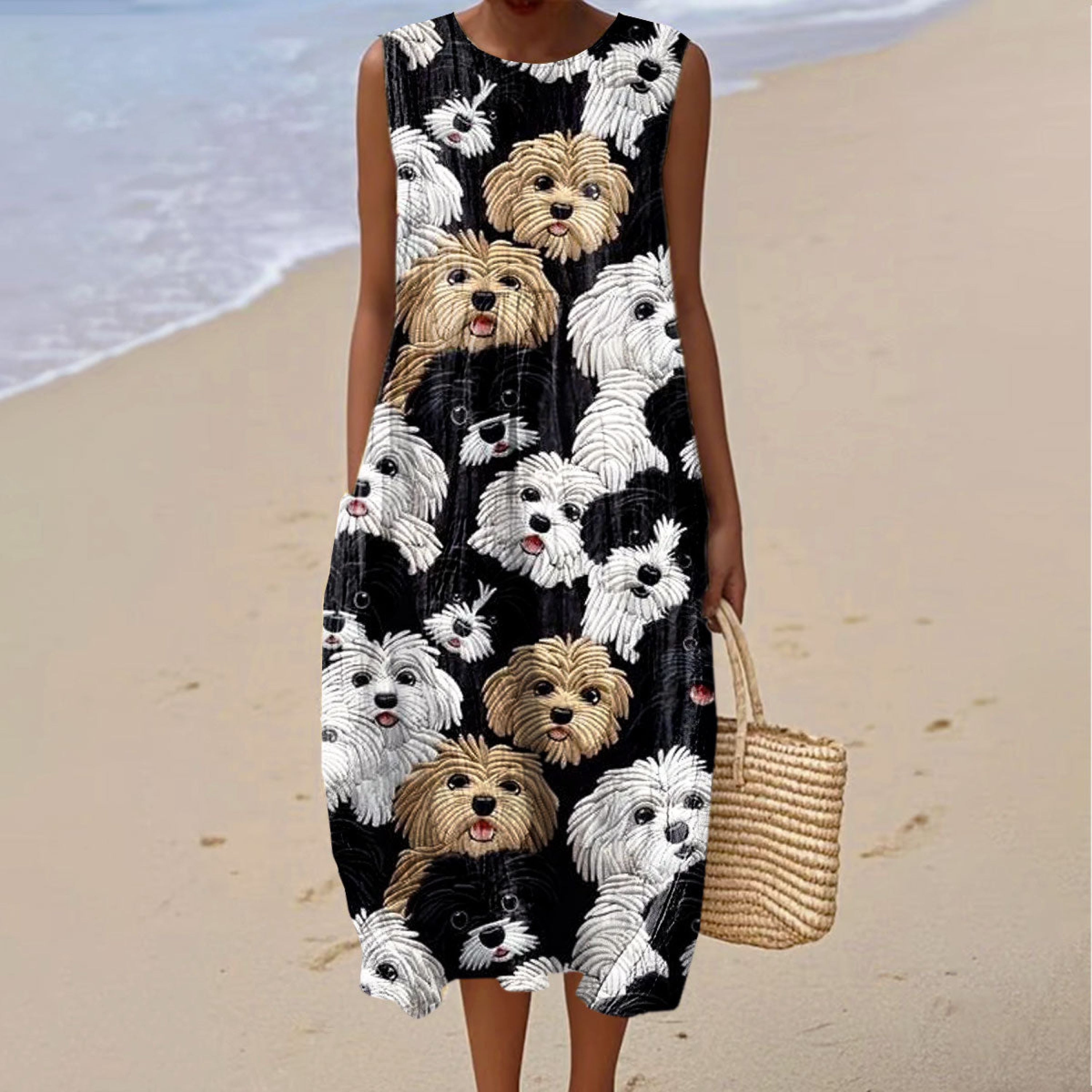 Women's Vintage Dog Print Sleeveless Cotton Dress elevenforest