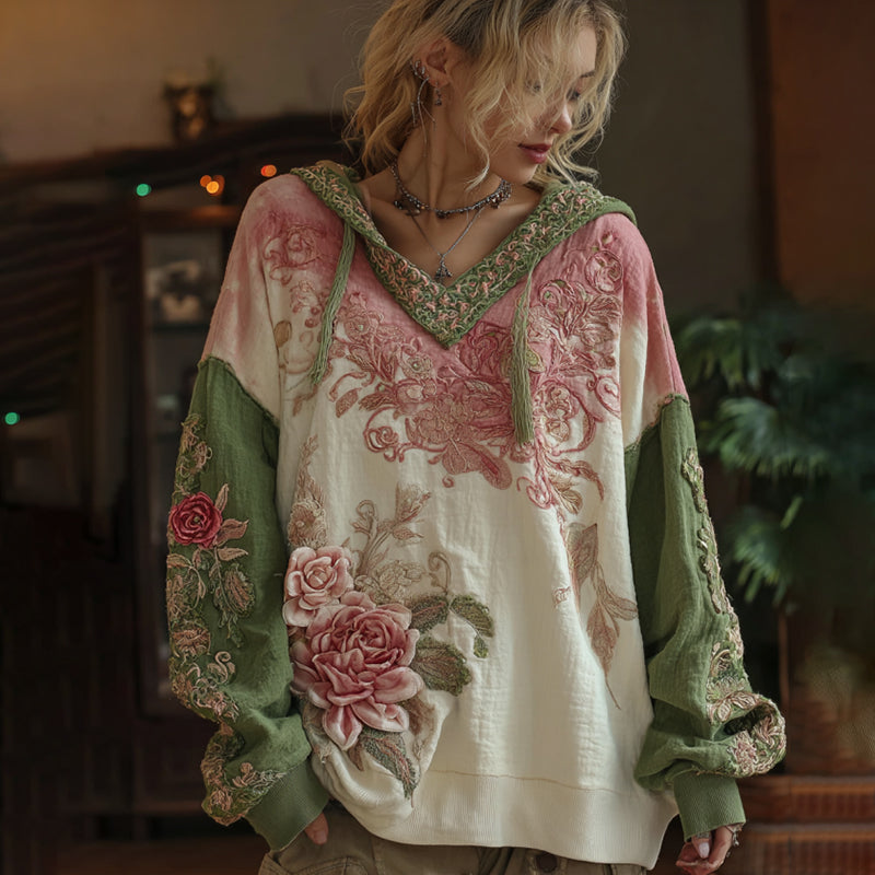 Love & Health Collection Vintage Rose And Floral Art Linen Long Sleeve Hoodie elevenforest