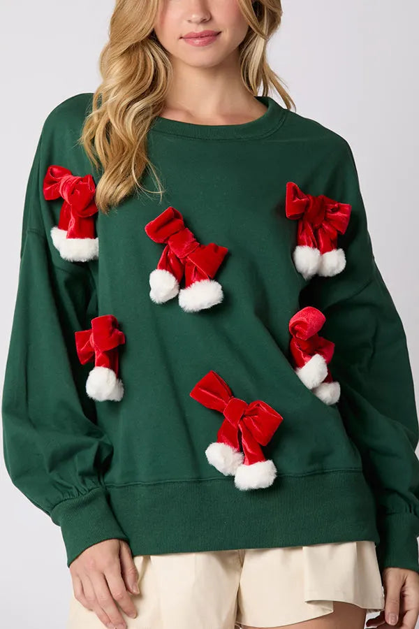 Christmas Bow Embellished Long-sleeved Sweatshirt