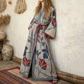 Women's Floral Art  Linen V-neck Robe elevenforest