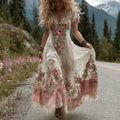 Women's Vintage Floral Art  Linen Blend Maxi Dress elevenforest