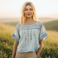 Retro Bohemian Floral Embroidery Art Graphics Linen Blend T-shirt elevenforest