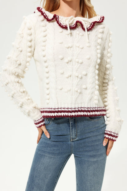 Wool Long Sleeve Crew Collar Crochet Sweater