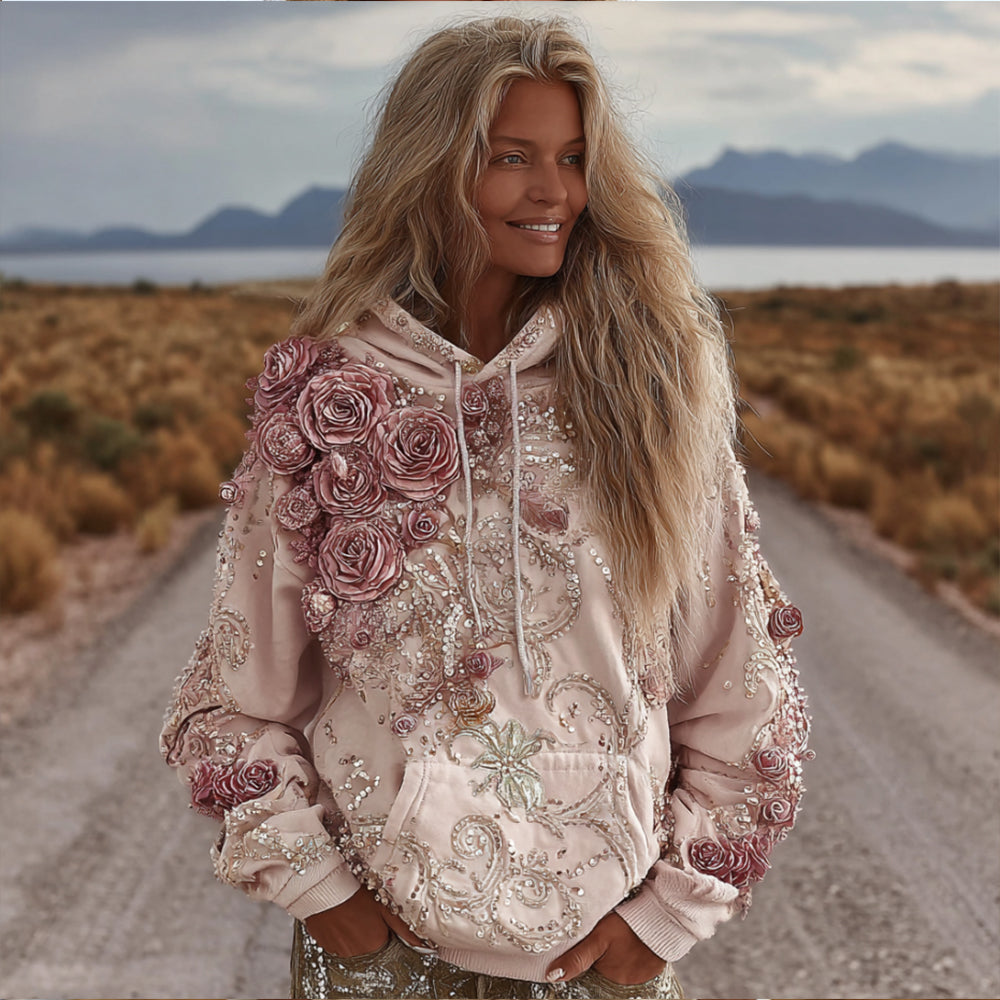 Rose Sequin Pattern Vintage Casual Long-sleeved Hoodie elevenforest