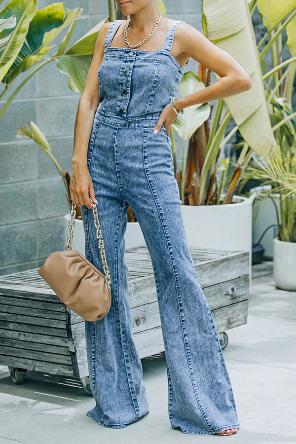 Street Split Joint Buckle Square Collar Boot Cut Jumpsuits