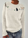 Cats & Leaves Yoke Embroidered Cozy Knit Sweater