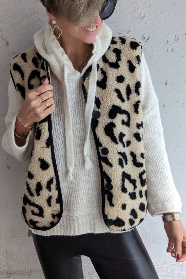 Leopard Print Front Opening Autumn and Winter Vest Jacket