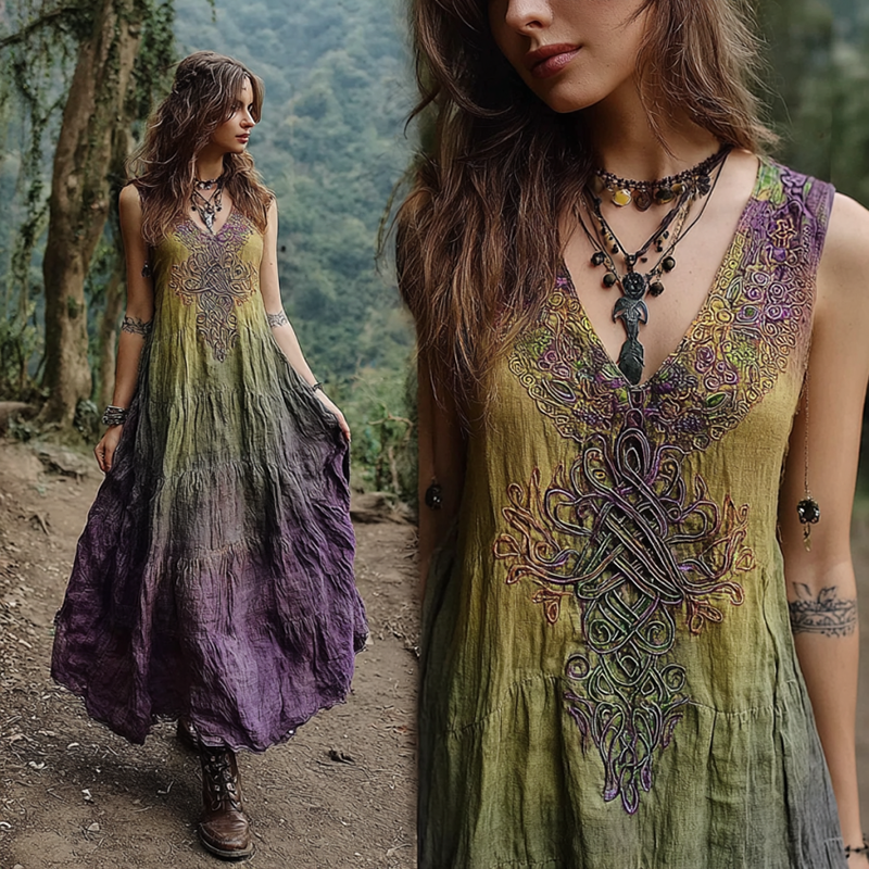 Vintage Viking Tribal Celtic Knot Art Linen V-neck Maxi Dress elevenforest