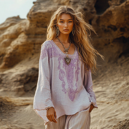 Retro Holiday Bohemian Art Holiday Print Cotton And Linen Blend Loose Blouse elevenforest