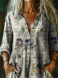 Women's Vintage Ethnic Floral Art Print Casual Cotton Linen Shirt