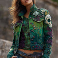 Women's Vintage Skull Rose Embroidered Gradient Denim Jacket elevenforest