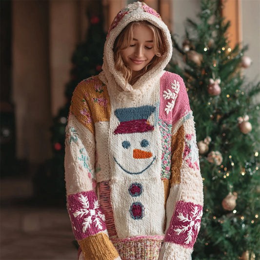 Christmas Snowman & Snowflake Patchwork Pattern Women's Knit Hooded Sweater artswardrobe