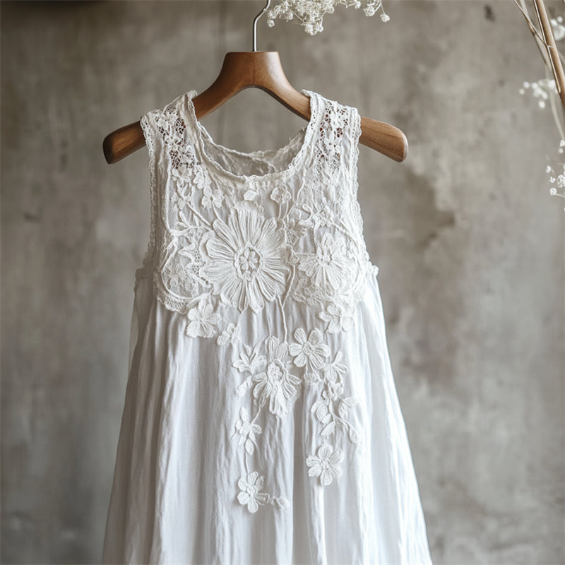 Flowers Lace Art Patchwork Linen Tank Dress elevenforest