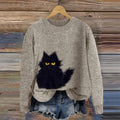 Comstylish Cute Black Cat Embroidery Art Cozy Sweater