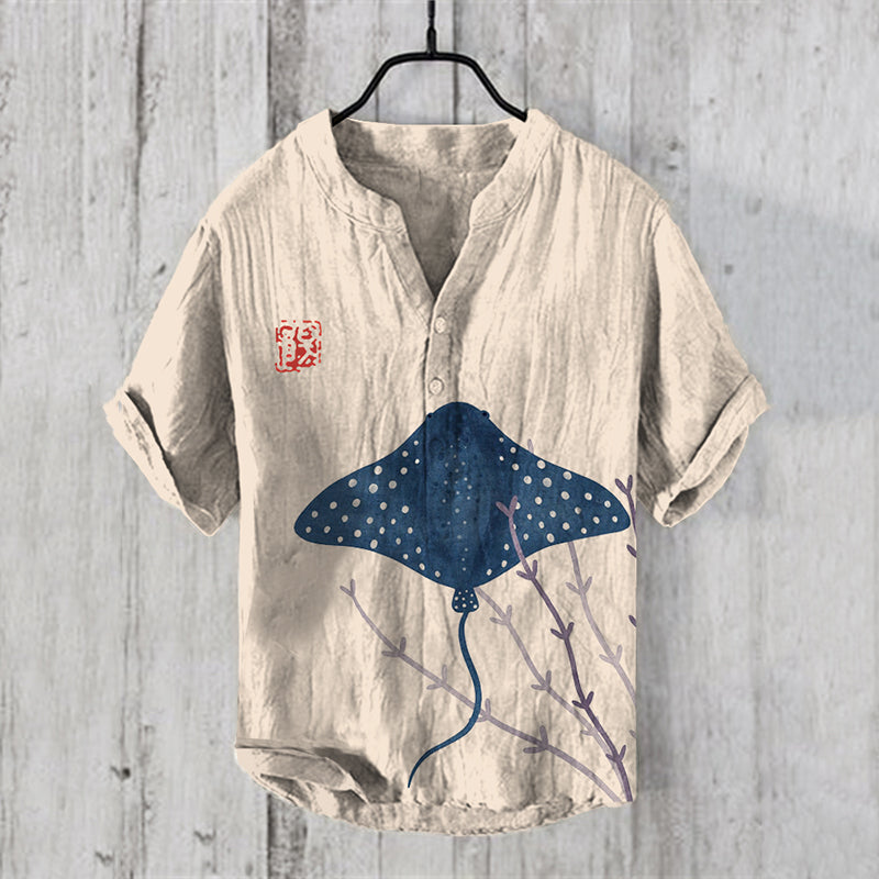 Vintage Manta Rays Art Print Linen Blend Casual Shirt elevenforest
