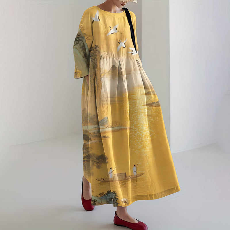 Comstylish Vintage Japanese Art Landscape Flowy Linen Maxi Dress