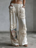 Boho Oil Painting Rose Embroidery Women's Linen Trousers elevenforest
