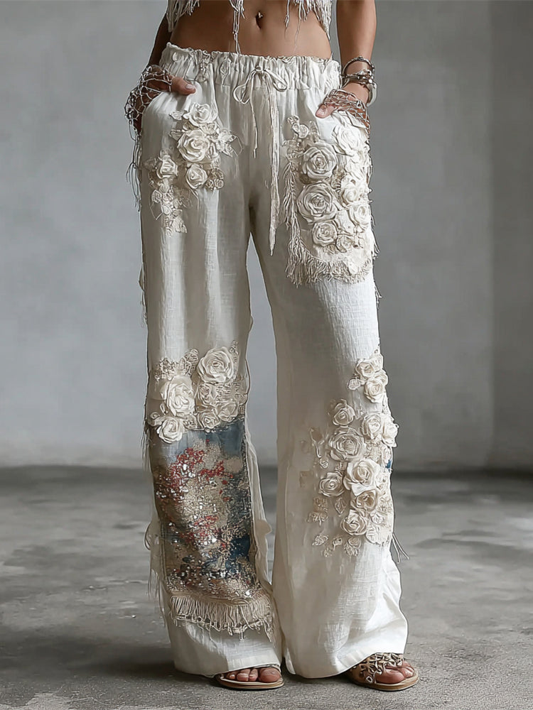Boho Oil Painting Rose Embroidery Women's Linen Trousers elevenforest