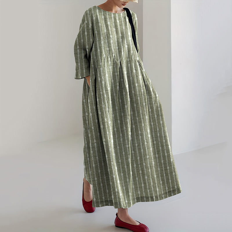 Women Vintage Stripes Casual Long Sleeve Midi Dress elevenforest