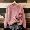 Comstylish Cute Christmas Sequined Cat Art Plush Warm Wool Pullover Sweater