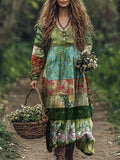 Vintage Cottage Floral Boho Patchwork Linen Blend Maxi Dress elevenforest