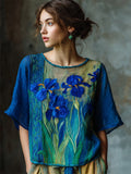 Oil Painting Irises Embroidered Contrast Flowy Linen Tunic elevenforest