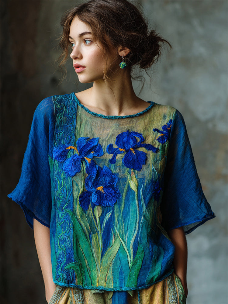 Oil Painting Irises Embroidered Contrast Flowy Linen Tunic elevenforest
