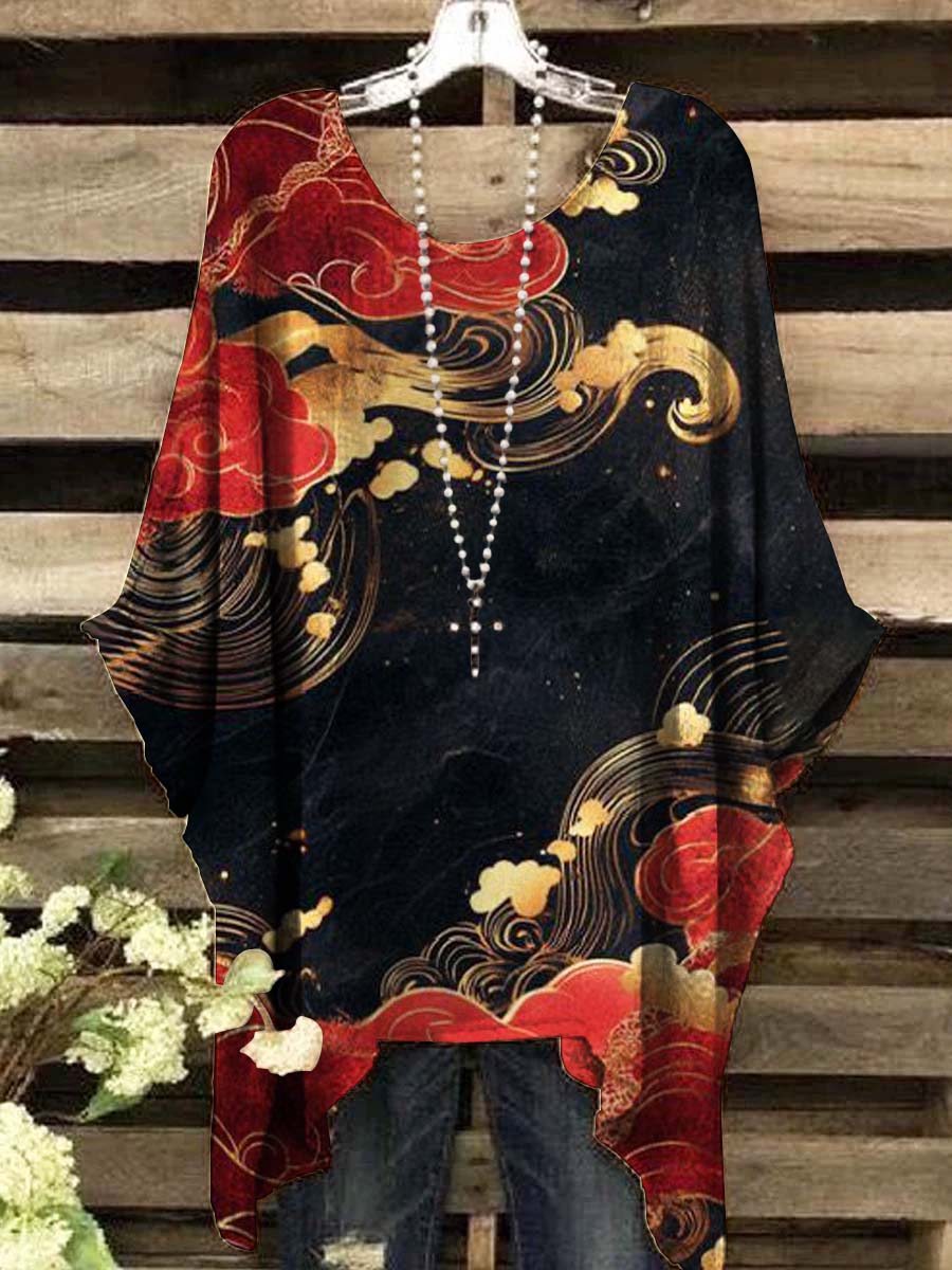 Women's Vintage Abstract Cloud Print Casual Top