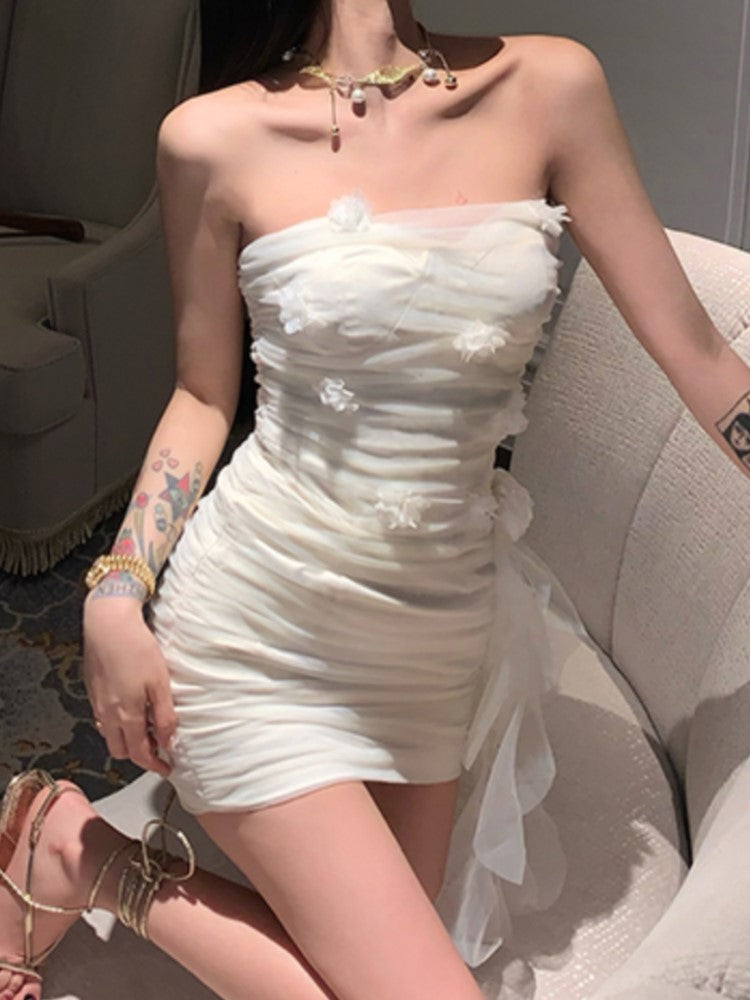 Y2k Strapless Mini Dress Mesh Sequins Birthday Party A-line Spring Summer Princess Dress Wedding Prom Vestidos New