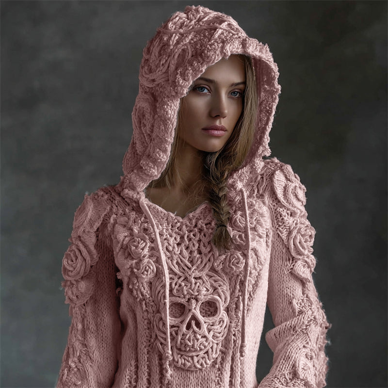Comstylish Vintage White Roses Viking Celtic Skull Hooded Cozy Knit Sweater