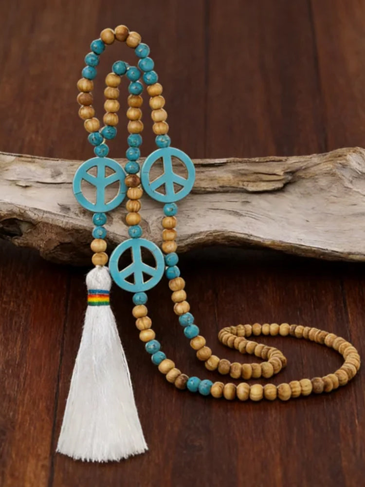 Comstylish Lapis Lazuli And Peace Symbol Tassel Long Pendant Chain
