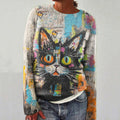 Vintage Colorful Cat Art Graphics Crew Neck Cozy Sweater elevenforest