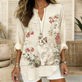 Comstylish Women's Japanese-style Floral And Cat Pattern Linen Blend T-shirt