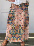 Women's Ethnic Totem Flower Collage Print Linen Pocket Skirt