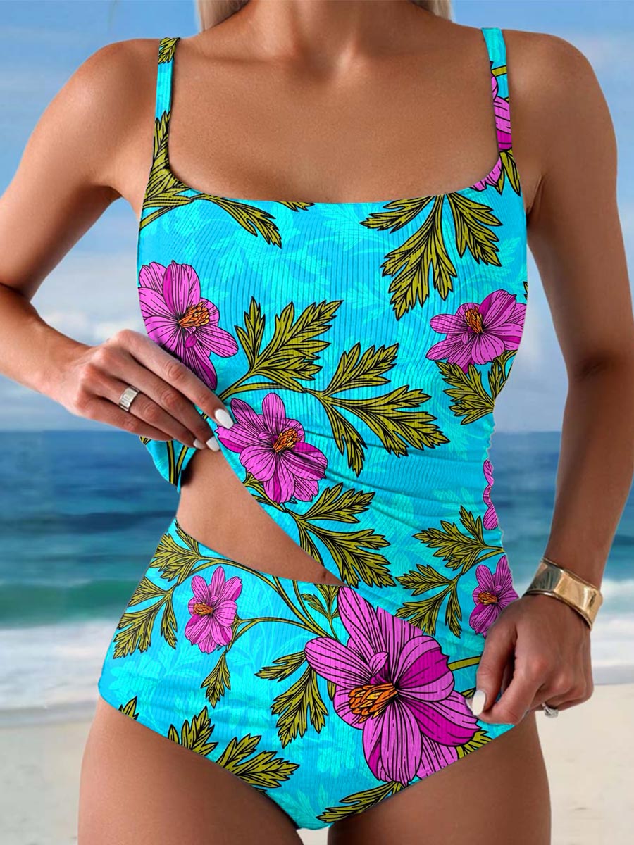 Women's Hawaiian Floral Print Summer Beach Halter Top And Triangle Briefs Tankini Set