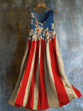 American Flag Inspired Floral Oil Painting Flowy Linen Dress elevenforest