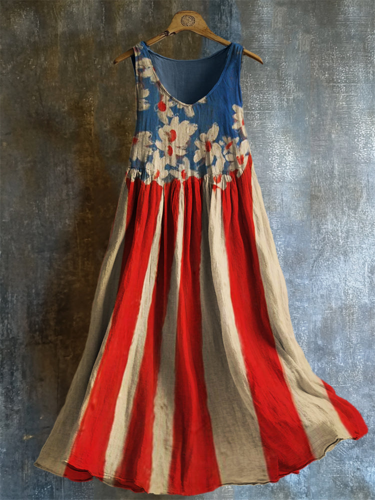 American Flag Inspired Floral Oil Painting Flowy Linen Dress elevenforest
