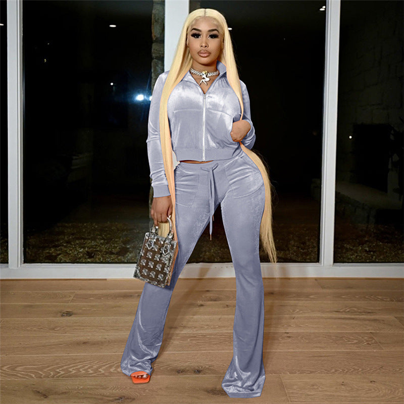 Autumn Europe ’s Velvet Zipper Cardigan & Straight Leg Trousers Set