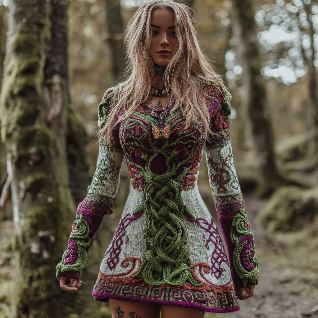 Women's Vintage Viking Celtic Knot Tree Of Life Knitted Sweater Flared Skirt artswardrobe