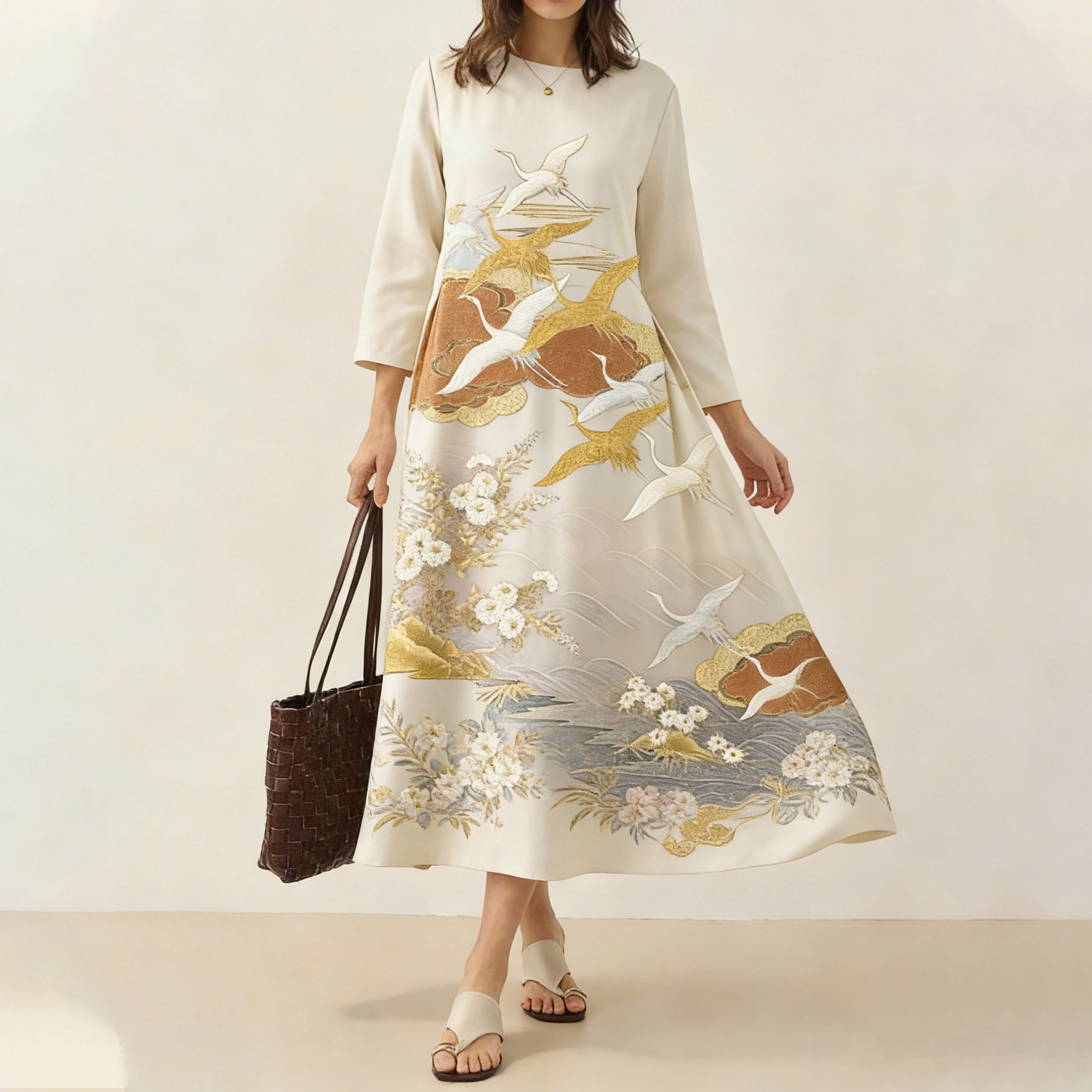 Comstylish Japanese Retro Floral With Crane Print Art Comfy Maxi Dress