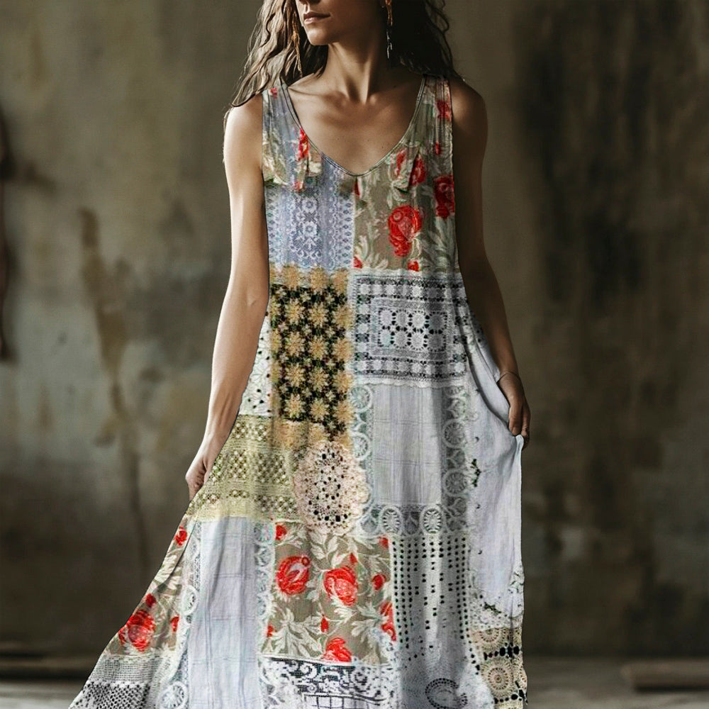 Vintage Lace Floral Geometric Patchwork Women's Linen Vest Dress elevenforest