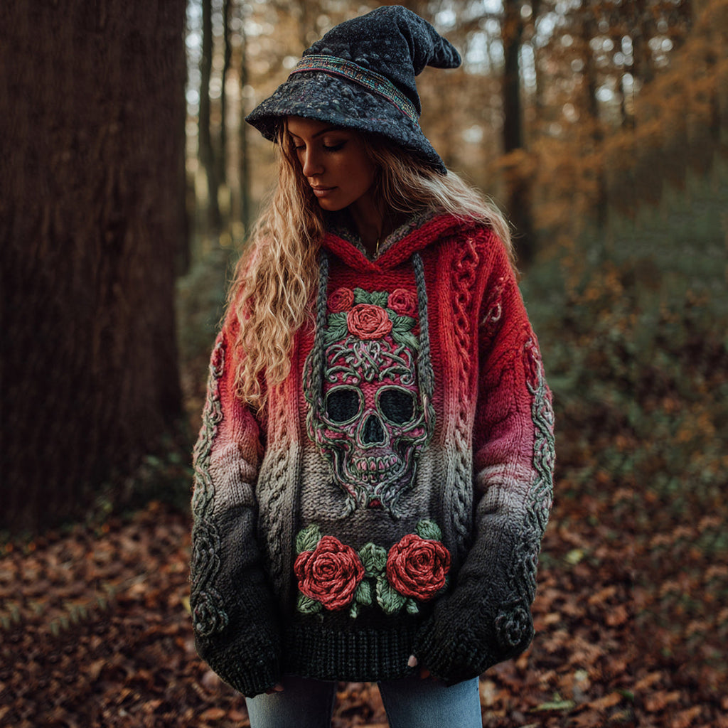 Women's Viking Tribal Jacquard Celtic With Rose And Skull Inspired Chunky Knit Hooded Sweater elevenforest