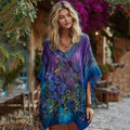Classy Gradient Purple And Blue Lavender And Floral Embroidered Linen Shirt elevenforest