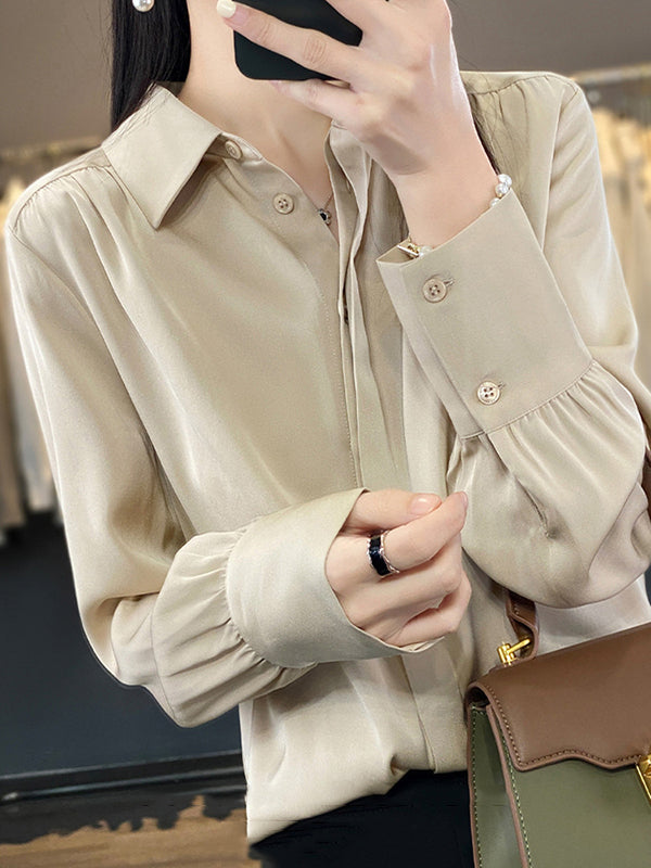 Long Sleeves Loose Buttoned Pleated Color Lapel Blouses&shirts Tops