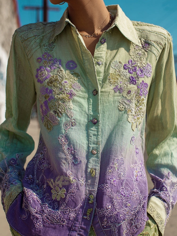 Vintage Purple Flowers Embroidered Gradient Linen Blouse elevenforest
