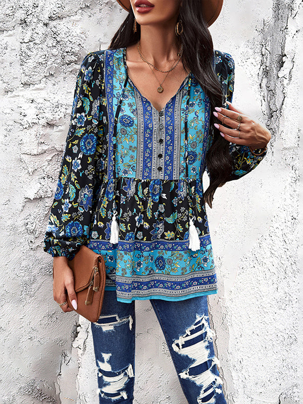 Long Sleeves Loose Buttoned Elasticity Flower Print Split-joint Tasseled V-neck Blouses&shirts Tops